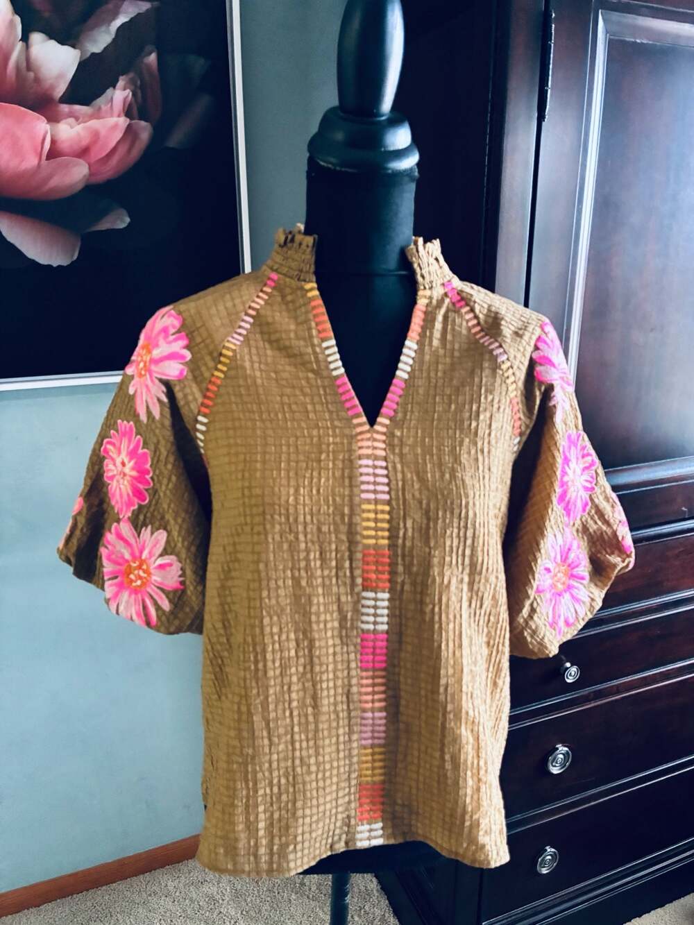 THML Embroidered Floral Puff Sleeve Textured Blouse Sz S A458